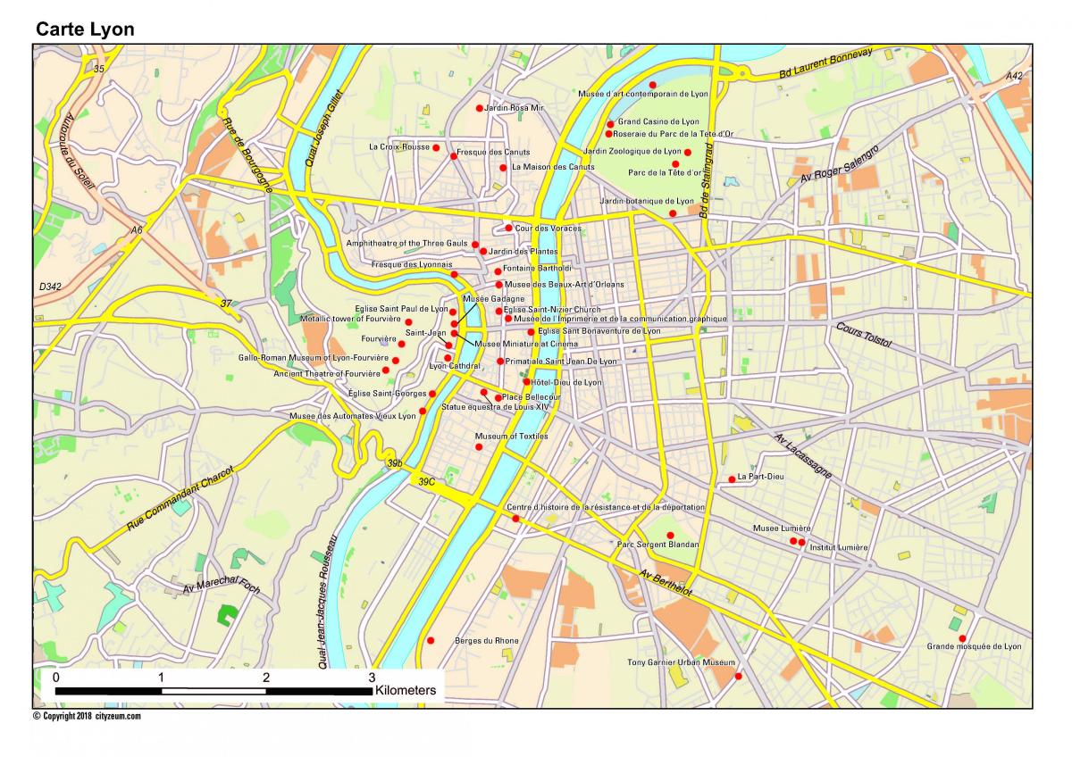 Lyon tërheqjet turistike harta
